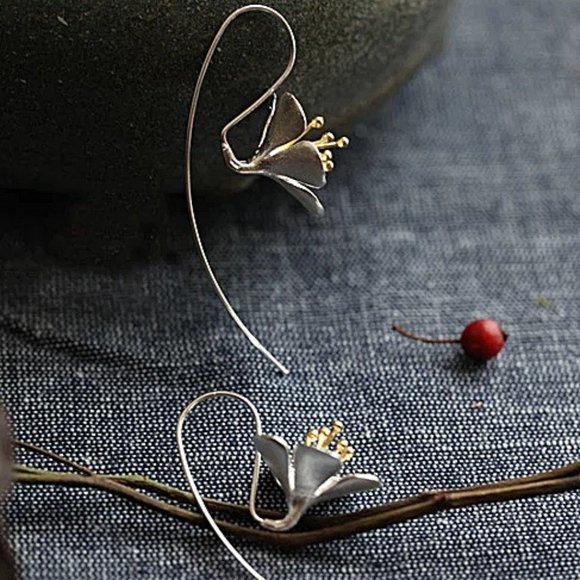 Sterling Silver Flower Drop French Hook Threader Earrings - Picture 6 of 7